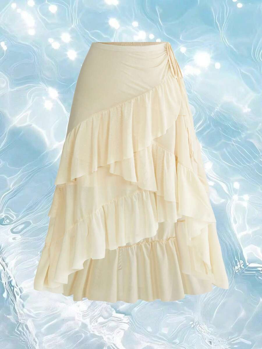 ROMWE Plus Size Women Solid Color Knotted Ruffle Hem Casual Versatile Date Outing Skirt | SHEIN