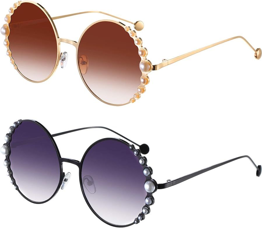 2 Pairs Faux Pearl Round Sunglasses Faux Pearl Decor Sunglasses Vintage Metal Frame Sunglasses fo... | Amazon (US)