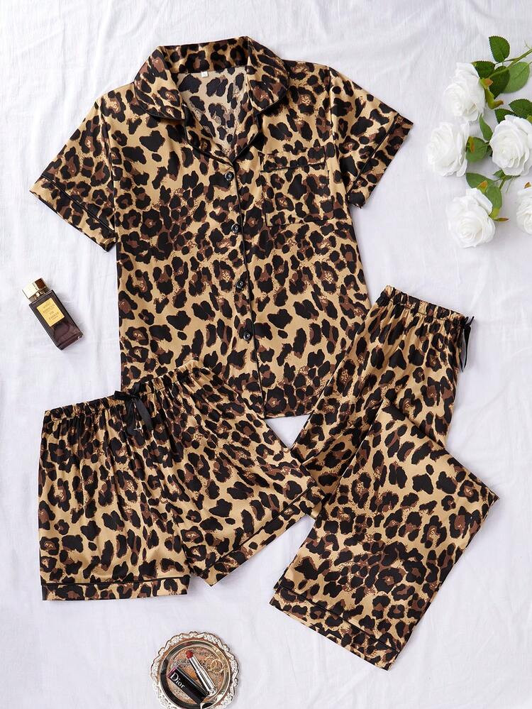 3pcs/Set Women Leopard Print Pocketed Short Sleeve Top & Shorts & Pants Pajamas Set, Suitable For Spring, Summer | SHEIN