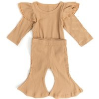 Baby Girl Long Sleeve Romper & Pant Outfit Set in Light Tan Ruffle Winter | Etsy (US)