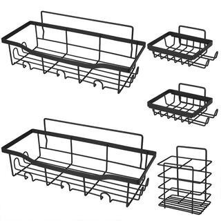 5-Pack Black Wall Mount Shower Caddy with Inbuilt Hooks, Adhesive Bathroom Organizer for Shampoo, Toothbrush and Soap | The Home Depot