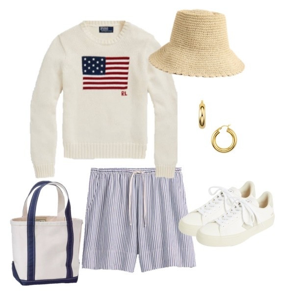 American flag sweater outfit 
Linen shorts 
Beach vacation outfit 
Summer outfit 
Preppy outfit 
Patriotic outfit 
Fourth of July outfit 
Labor Day outfit 
LL Bean boat and tote 
White sneakers 
woven straw bucket hat 
Amazon aviator sunglasses
Americana

#LTKSeasonal #LTKSaleAlert