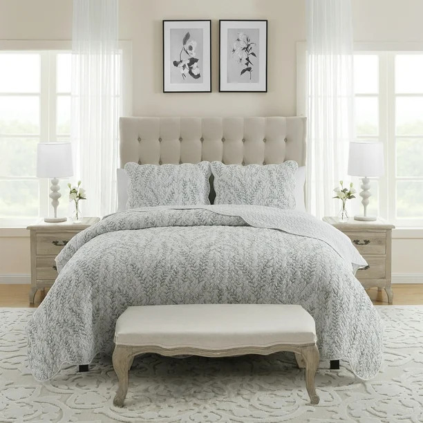 My Texas House Flora 3-Piece Green Botanical Scalloped Edge Cotton Quilt Set, Full/Queen | Walmart (US)