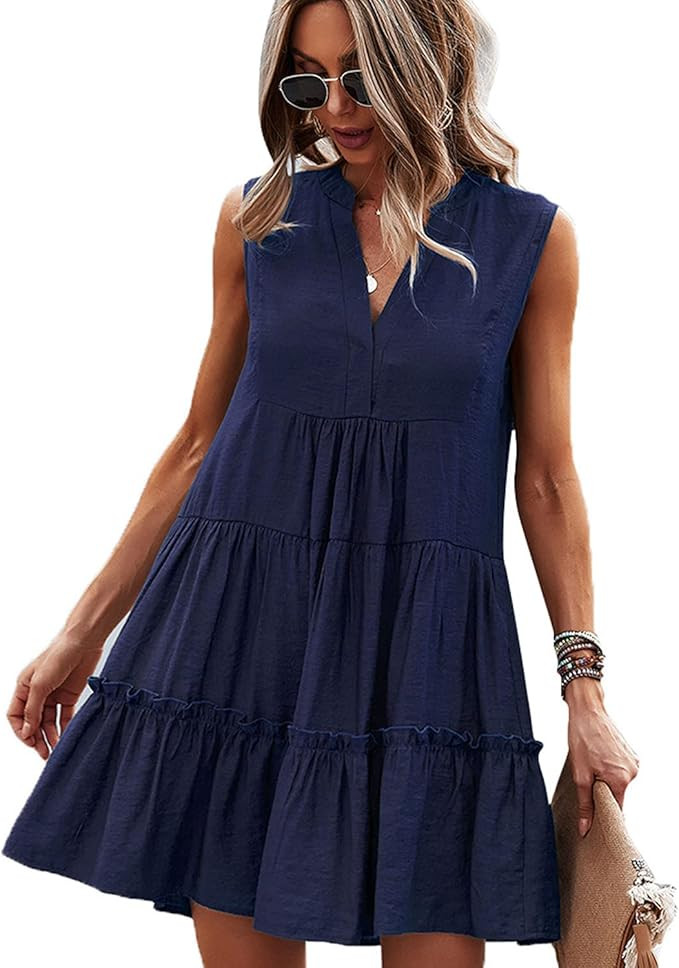 TAMEYA Summer Casual Womens Dresses, Cute Sleeveless V Neck Beach Dress Loose Fit Mini Dress Shor... | Amazon (US)
