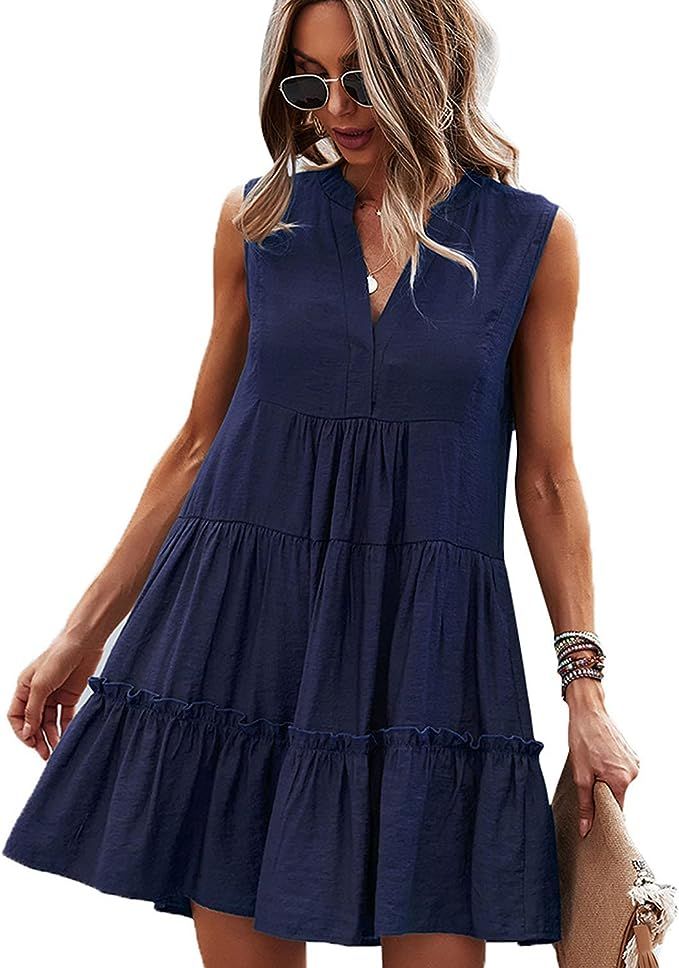 Summer Casual Womens Dresses, Cute Sleeveless V Neck Beach Dress Loose Fit Mini Dress Short Flowy... | Amazon (US)