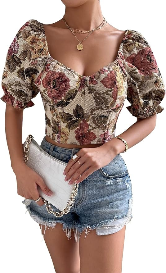 Floerns Women's Floral Embroidery Bustier Puff Short Sleeve Blouse Crop Top | Amazon (US)