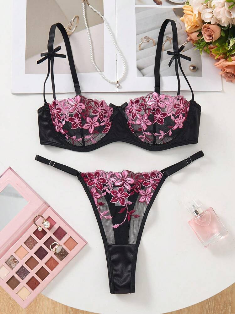 Set De 2 Piezas De Lencería Sexy Con Bordado Floral Romántico Para Mujeres | SHEIN
