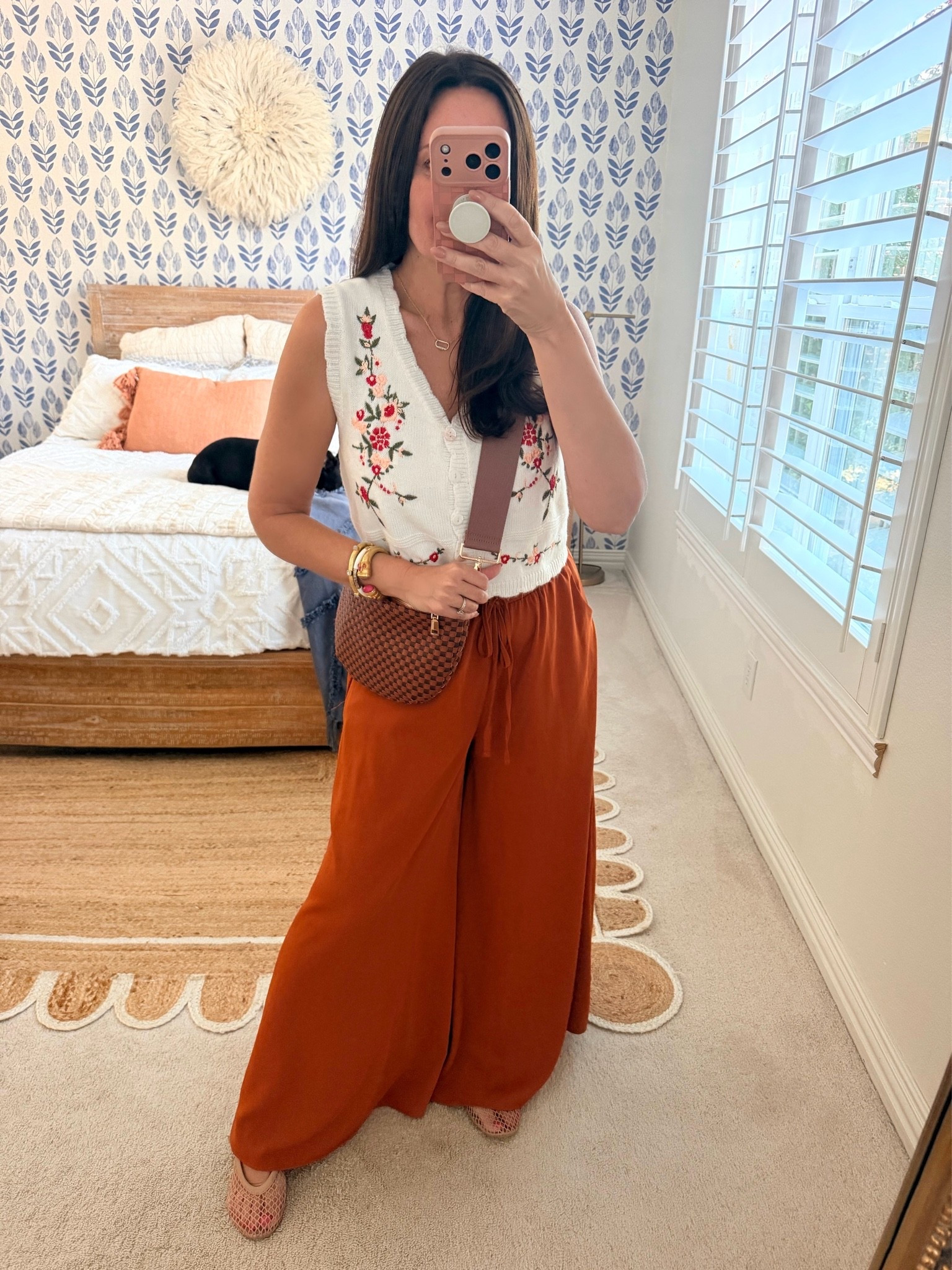 I have these flowy Amazon pants in so many colors/prints! Wearing a medium. 
Wearing a small in this embroidered vest with cute, scalloped details.
.

#LTKootd #LTKdayinmylife #LTKmomlife