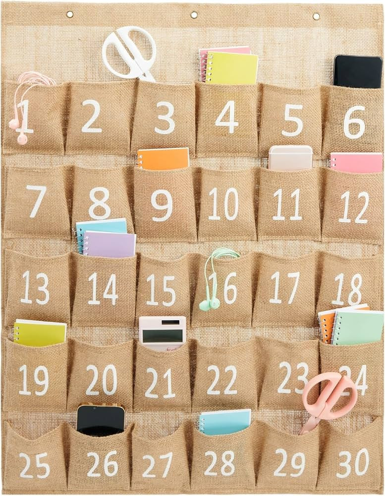 Juvale 30-Row Burlap Cell Phone Holder for Classroom, Farmhouse Designed White Numbered Hanging P... | Amazon (US)