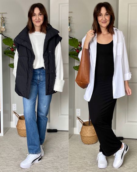 Outfit ideas for my black and white sneakers! Fit tts (go up if between) and so comfy!
Left outfit: Amazon cozy sweater (L, a bit big, I prefer this one in M), Gap puffer vest (S), Levi’s 501 originals (tts)
Right outfit: Amazon body-con maxi dress (S) and men’s wrinkle resistant dress shirt (16” neck 32-33” sleeves) and Madewell tote bag


#LTKSeasonal #LTKstyletip #LTKshoecrush