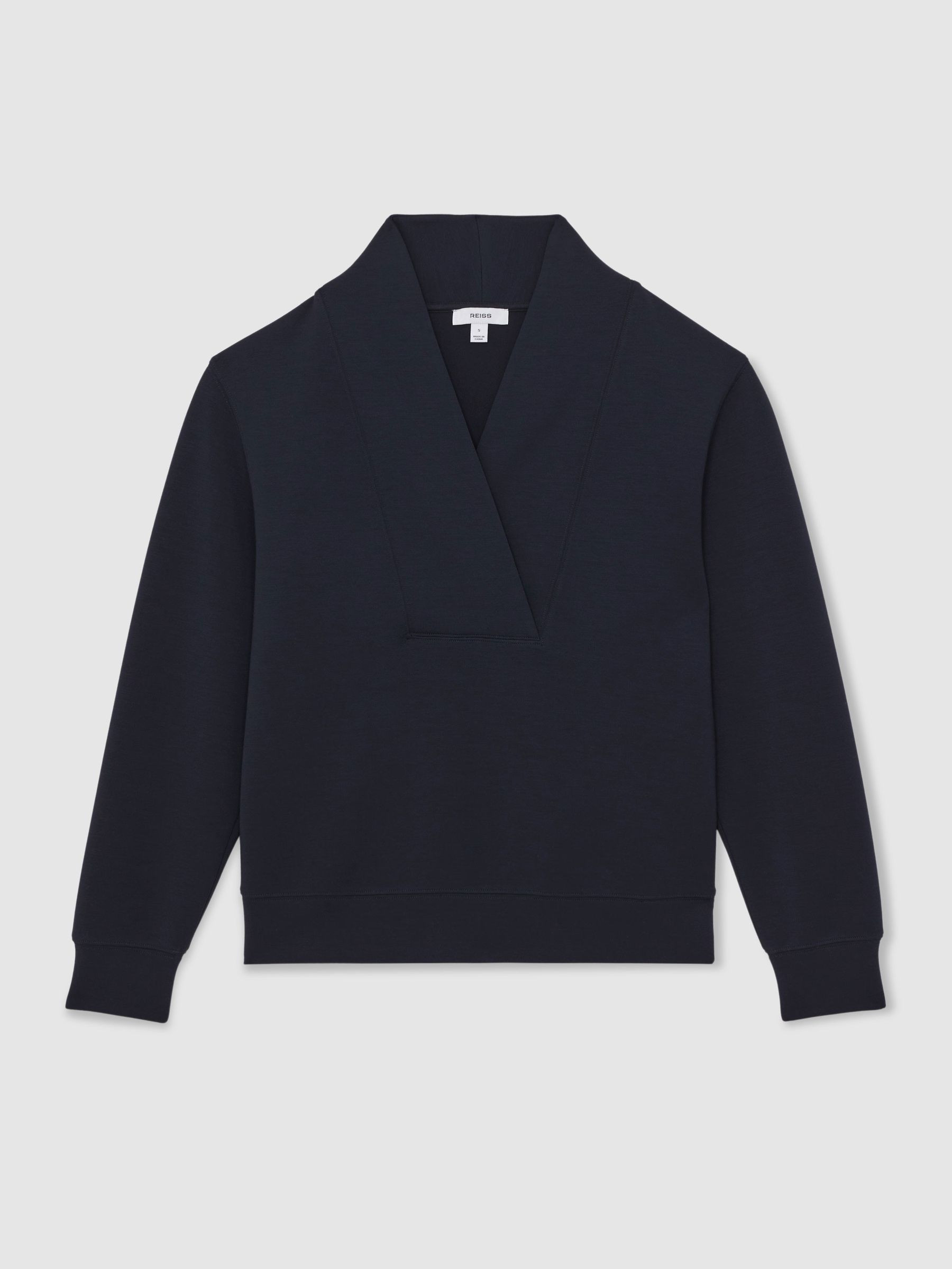 Reiss Premium Interlock Shawl-Neck Sweatshirt with Modal in Navy - REISS | Reiss UK