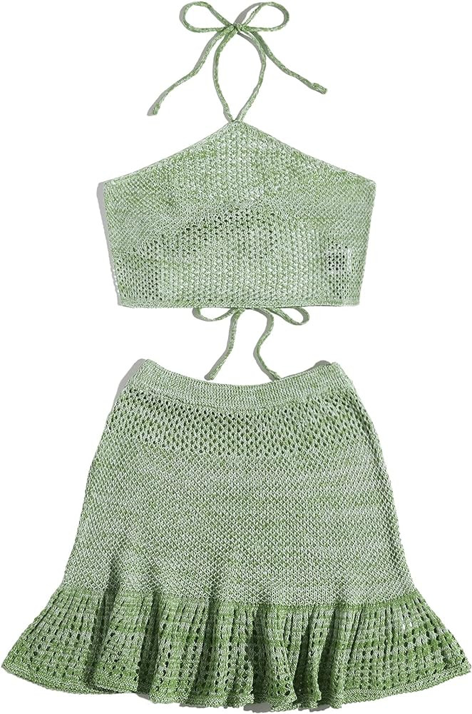 SOLY HUX Women's Halter Top and Ruffle Hem Skirt Set 2 Piece Swimsuit Bikini Cover Up | Amazon (US)