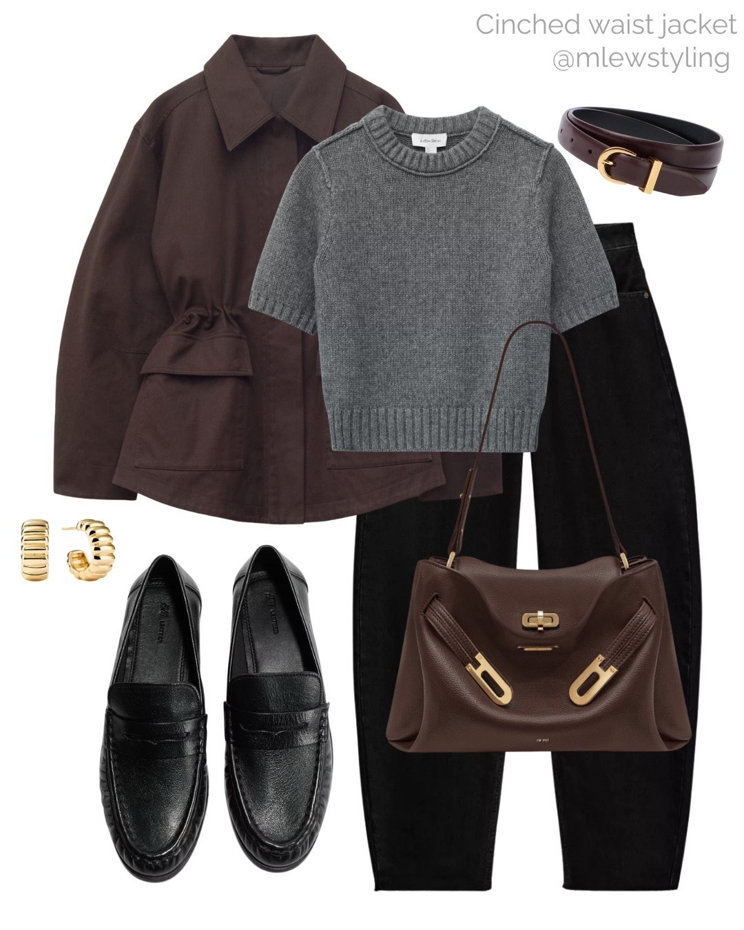 Black and brown outfit for spring 🤎

Tags: casual office outfit, spring workwear, cinch-waist coat, grey sweater tee, black barrel leg jeans, leather loafers, JW PEI handbag, balenciaga bag dupe, Khaite belt, neutral aesthetic, capsule wardrobe 

#LTKootd #LTKWorkwear #LTKSeasonal