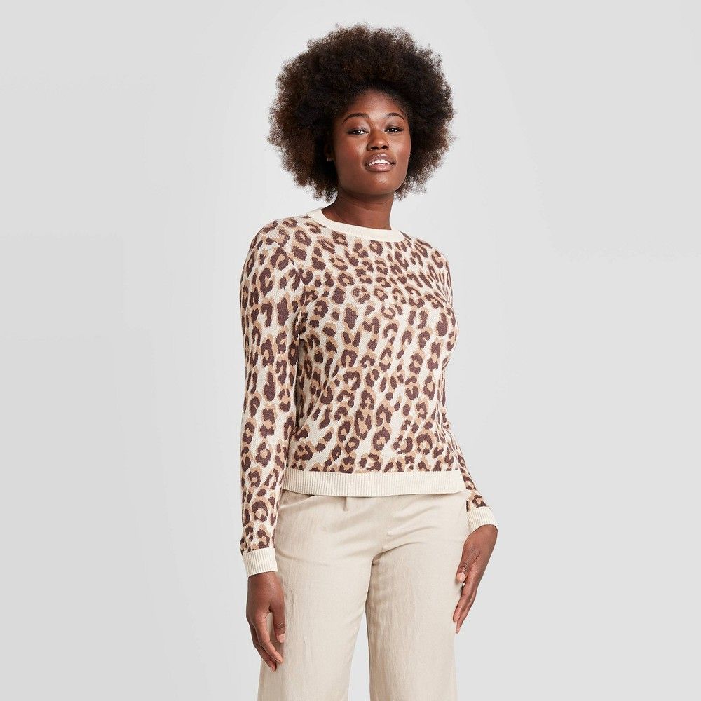 Women's Leopard Print Crewneck Pullover Sweater - A New Day Brown XS | Target
