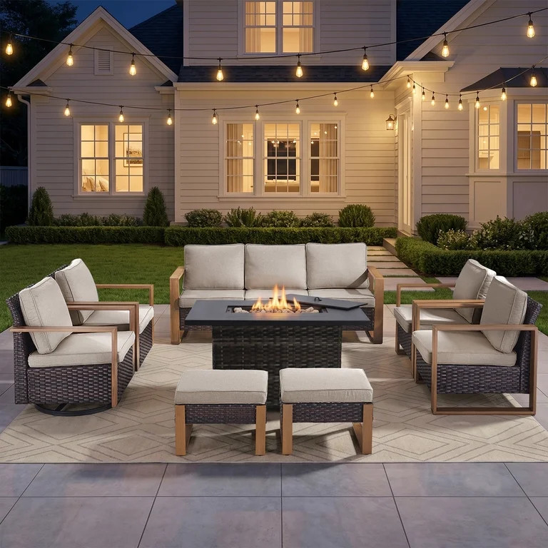 Bellefurn Luxury 8 Pieces Patio Furniture Sets with 41\u201d Propane Fire Pit Table,Rattan Outdoo... | Walmart (US)