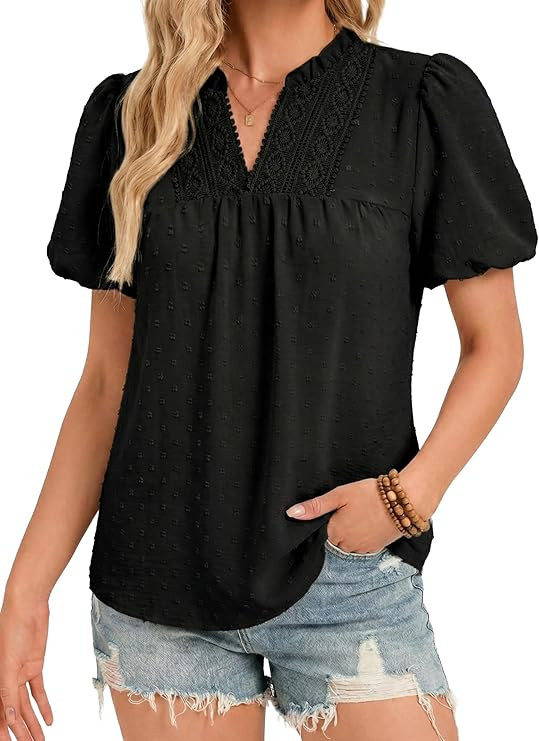 Funlingo Womens Boho Tops Summer Short Puff Sleeve V Neck Blouses Dressy Casual Flowy Swiss Dot L... | Amazon (US)