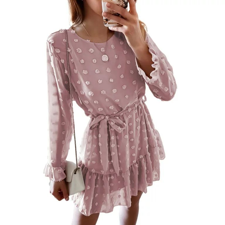 Dokotoo Womens Pink Swiss Dot Mini Dresses Long Sleeve Elastic Waist Casual Flowy Ruffle Dress V ... | Walmart (US)