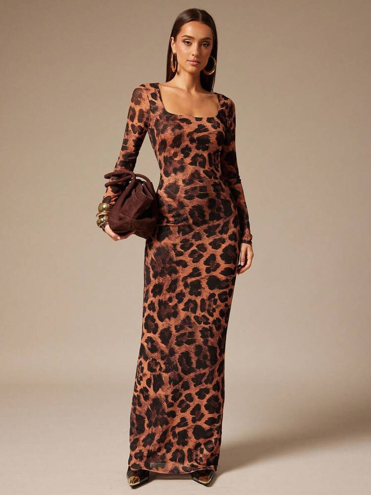 Silquee Women's Leopard Print Square Neck Long Sleeve Dress Leopard Print Dress Animal Print Dress Long Sleeve Leopard Print Dress Cheetah Print Dress,High Quality Cream Yellow Tube Top Fishbone Tight Women's Solid Color Pleated Side Slit Hem Slim Dress/Women's Birthday Dress/Women's Birthday Dress, Suitable For Daily, Dating, Going Out, Nightclub, Party, Autumn, Women's Autumn Wear Leopard Dress | SHEIN