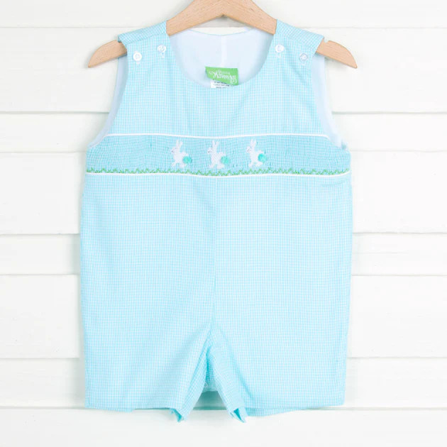 Turquoise Gingham Bunny Smocked Jon Jon | Classic Whimsy