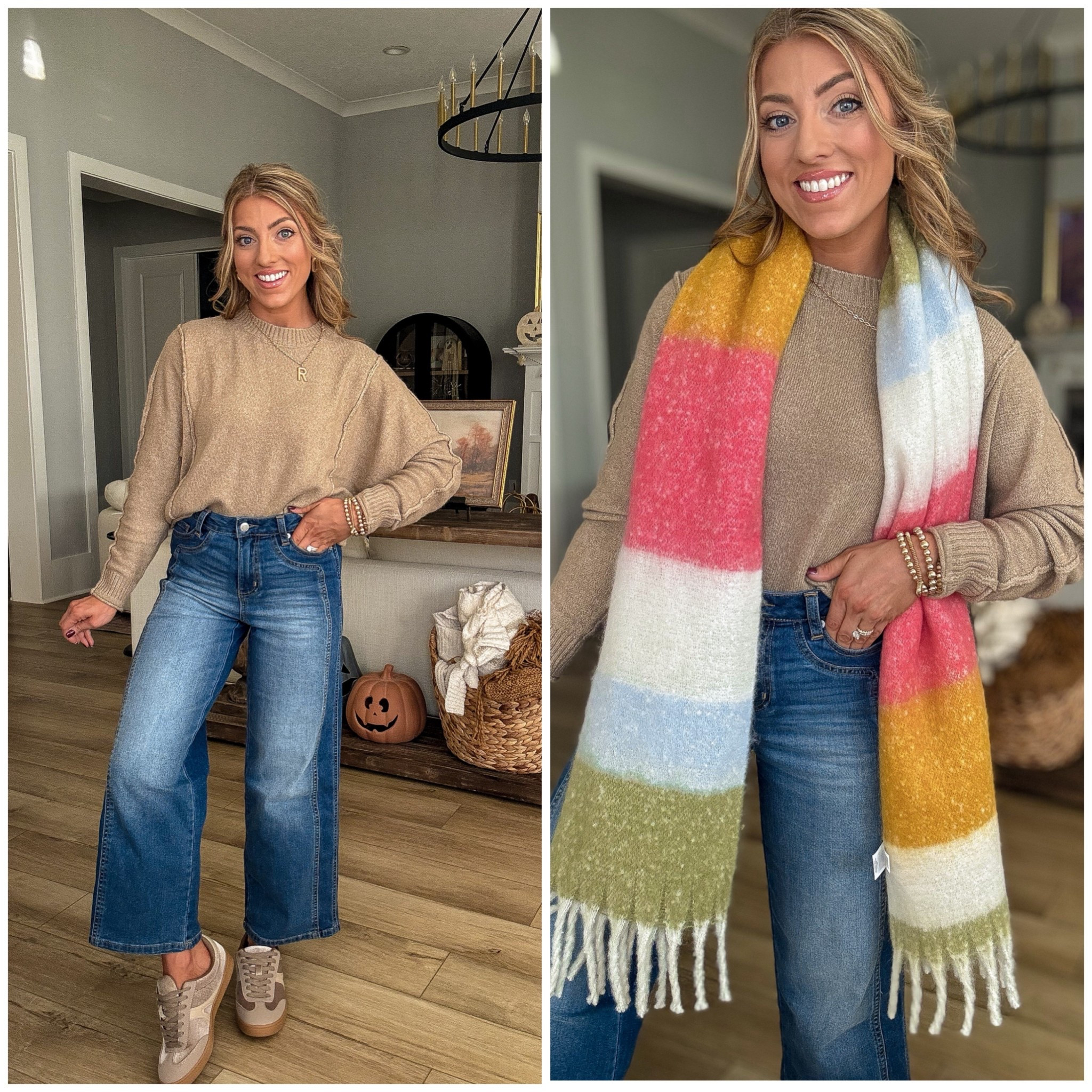 Casual, cozy, and so affordable 🤎🍂 This Walmart outfit is one of my favorites lately! The $17 sweater with exposed seams gives that perfectly relaxed, elevated vibe, and these $23 jeans are such a great everyday fit. I added the cutest $15 scarf for a pop of color and warmth, and my velvet Walmart sneakers pull the whole look together. Cozy fall style on a budget!

#WalmartFashion #WalmartFinds #AffordableFashion #FallOutfitIdeas #CozyStyle #CasualFallOutfits #ExposedSeamSweater #WideLegJeans #FallAccessories #BudgetStyle #LTKFashion #LTKStyle