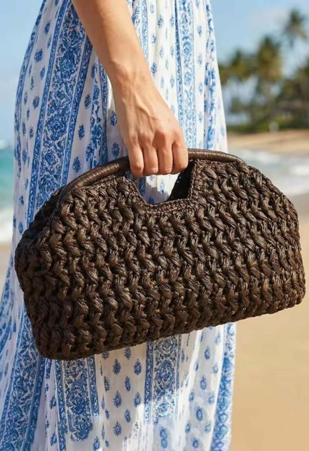 Artisan Chunky Braided Paper Straw Handbag in Dark Brown for Coastal City Sightseeing & Park Picn... | Chicwish
