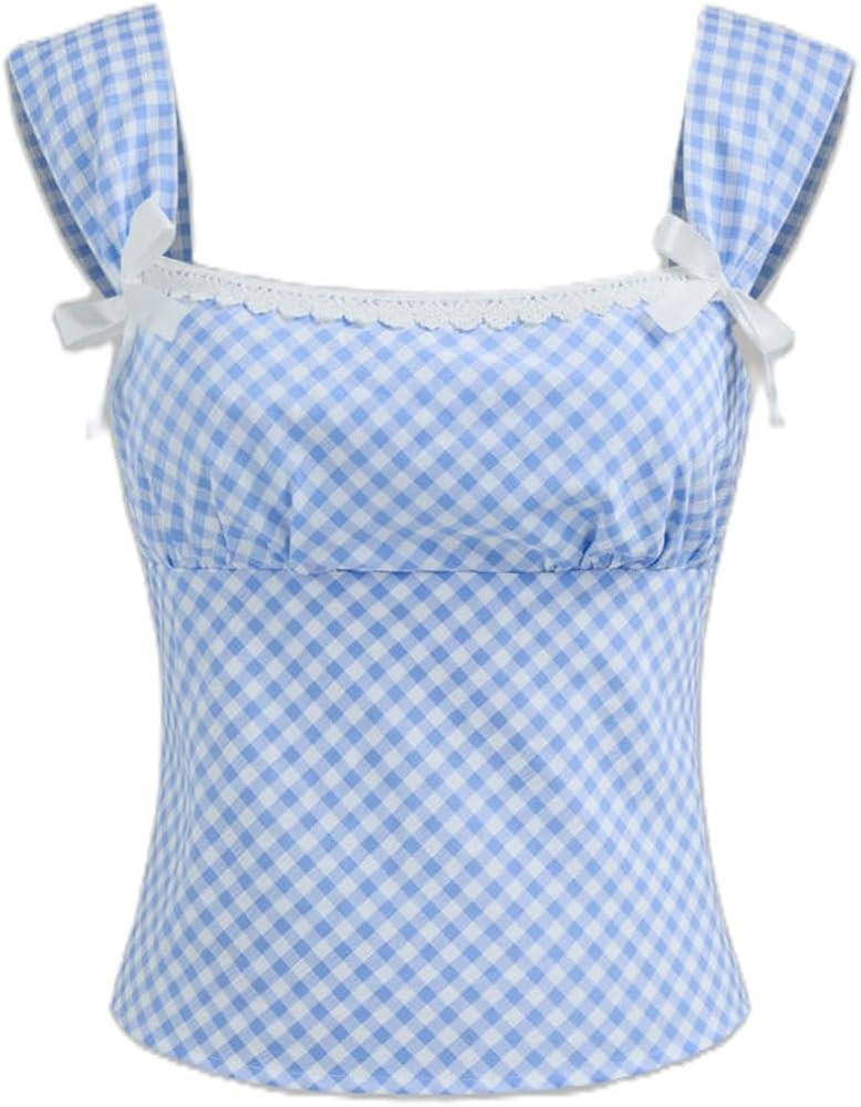 Women Sexy Dorothy Gingham Top Lace Trim Square Neck Plaid Cami Shirt Going Out Corset Tops Y2k C... | Amazon (US)