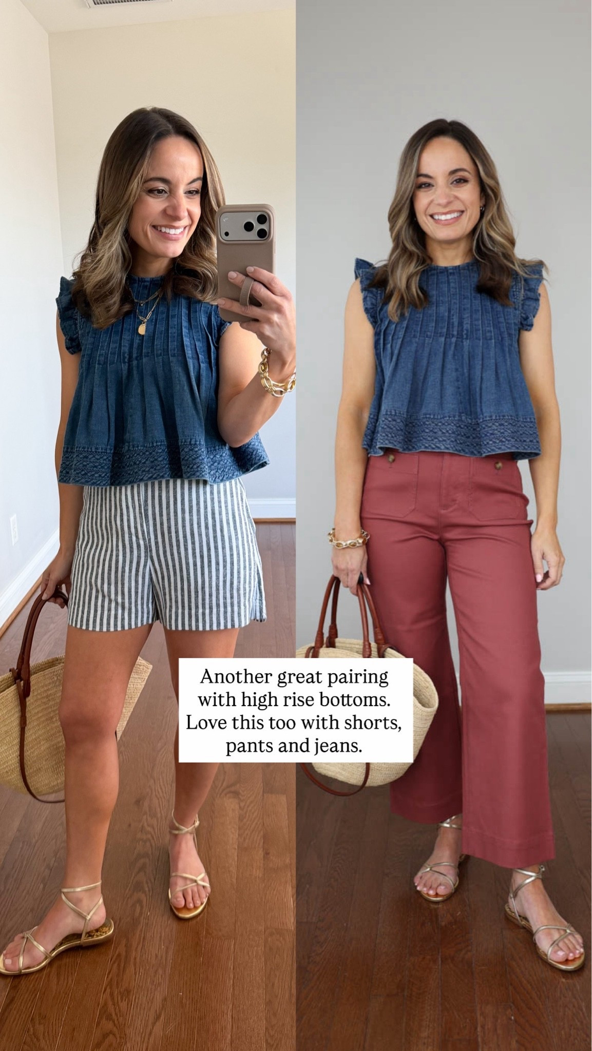 I heard you were looking for petite-friendly tops you can wear untucked!

Chambray top (Anthropologie): xxs 
Shorts (BR Factory): xxs 
Pants (LOFT): petite 24/00 / 10” rise / 24” inseam 
Sandals (Sam Edelman): true to size 

My measurements for reference: I’m 4’10” and 105lbs. My bust, waist, and hip measurement is 32”, 24”, and 36”.