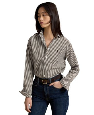 Polo Ralph Lauren Women's Relaxed-Fit Striped Cotton Shirt - Brown/White | Macy's