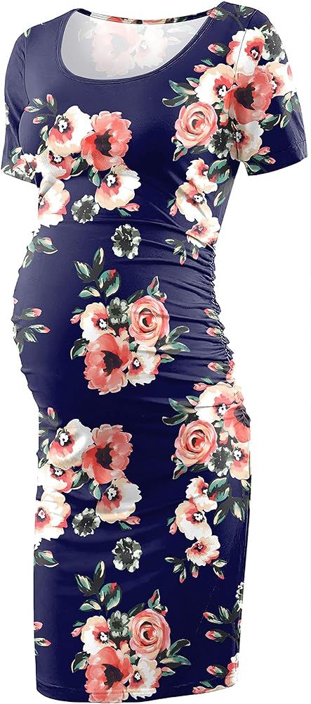 MUSIDORA Solid Color & Floral Maternity Dress Ruched Side Bodycon Dress for Casual Wear or Baby Show | Amazon (US)