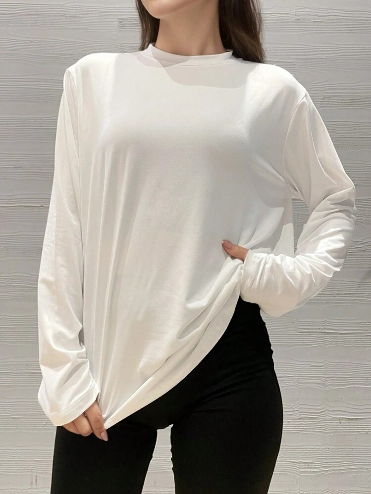 Camiseta De Manga Larga De Unicolor Negro, Holgada Y Casual Con Caída En El Hombro | SHEIN
