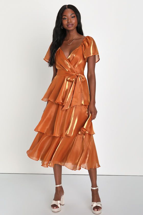 Glowing Spirit Rust Orange Flutter Sleeve Tiered Midi Dress | Lulus (US)