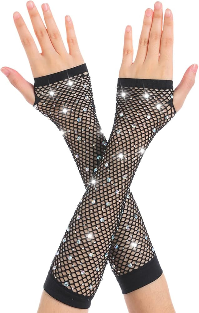 Women Fishnet Rhinestone Gloves Fingerless Kids Fish Net Arm Sleeve Warmers 80s Emo Scene Accesso... | Amazon (US)