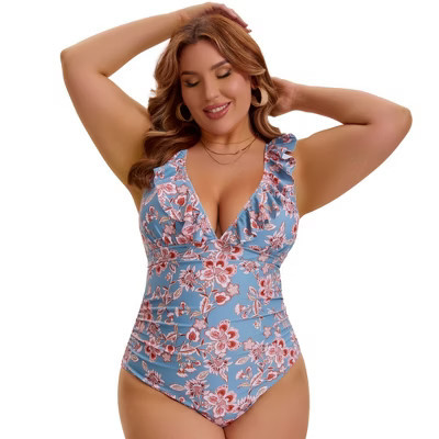 Women's Plus Size 1 Piece Tummy Control Push Up Ruffled V Neck Lace Up Beach Pool Vacation Swimming Swimsuit - Agnes Orinda 4X Sage Green | Target