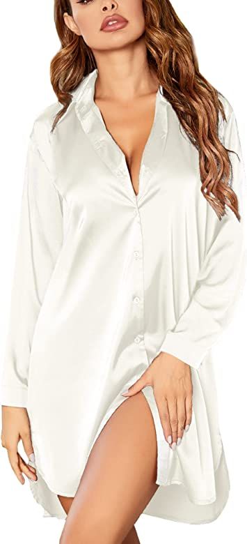 Ekouaer Women's Nightgown Button Down Sleepshirt Satin 3/4 Sleeve Nightshirt Boyfriend Notch Coll... | Amazon (US)