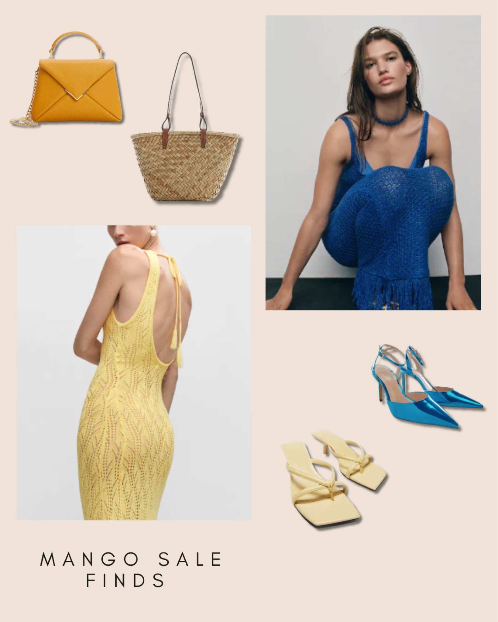 Mango sale finds! 

outfit inspiration, long blue dress with fringes, long yellow dress, metallic pumps, leather slingback sandals, yellow heeled sandals, orange bag with long shoulder chain, beach shopper basket made out of natural fiber, short blue dress, Netherlands. 

#LTKsalealert #LTKstyletip #LTKeurope