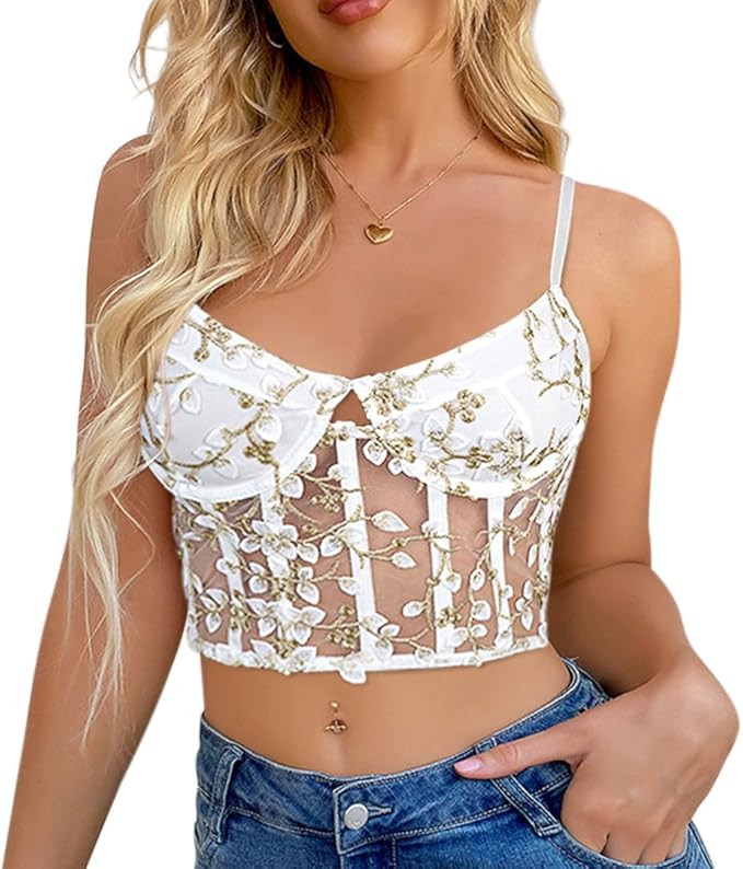Segreto Women's Floral Embroidered Bustier Sheer Mesh Corset Tops Spaghetti Strap Boned Crop Top ... | Amazon (US)
