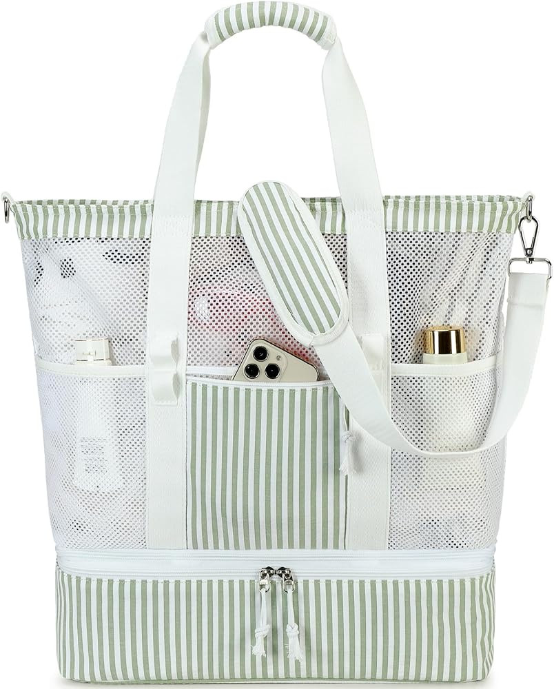 Bluboon Mesh Beach Tote Bag with Cooler Compartment Insulated Detachable Picnic Bag with Zipper a... | Amazon (US)