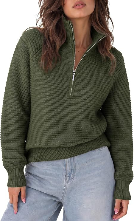 Fisoew Womens Quarter Zip Sweaters Oversized Casual Fall Knit Pullover Tops | Amazon (US)