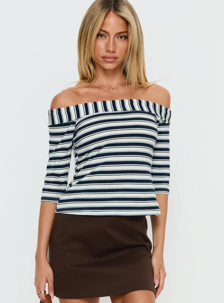 Shaylla Off Shoulder 3/4 Sleeve Top Blue Stripe | Princess Polly US