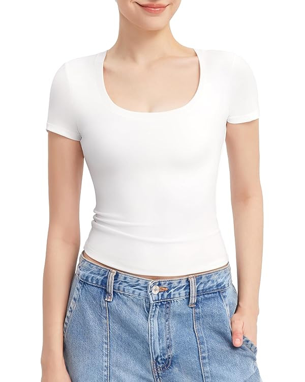 PUMIEY Women's T Shirts Short Sleeve Scoop Neck Basic Going Out Tops Fashion Slim Fit Tee Smoke C... | Amazon (US)