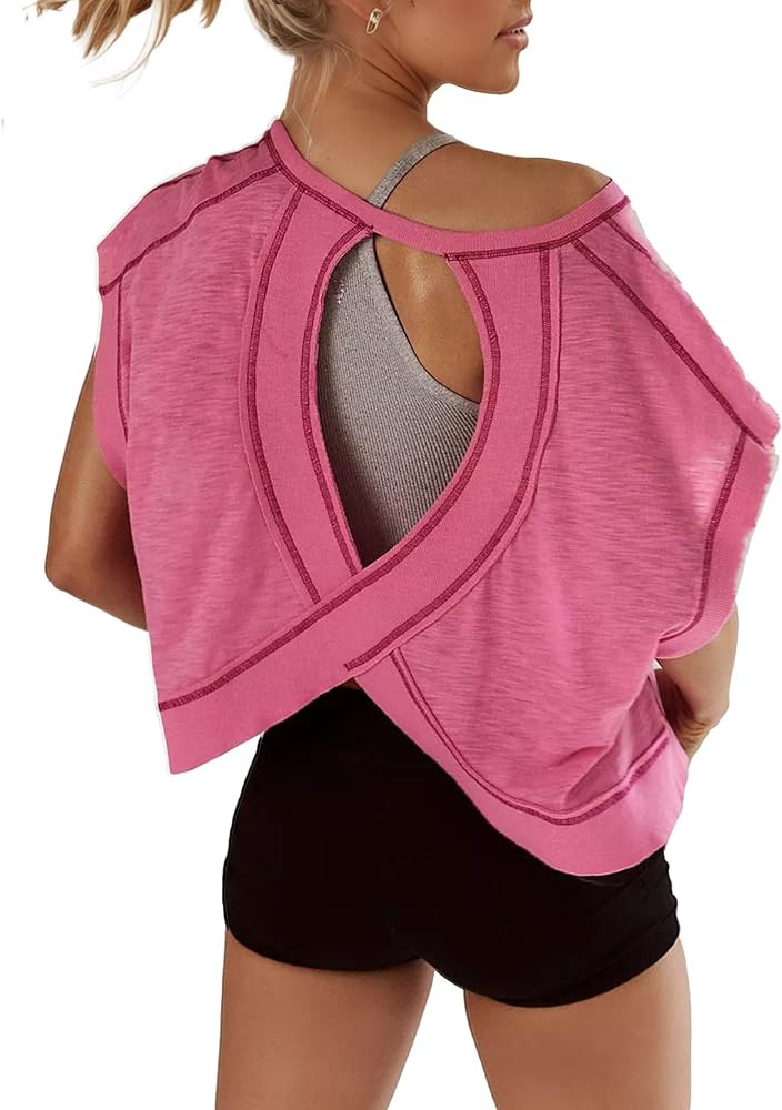 Open Back Tops for Women Oversized Short Sleeve Workout T Shirts Backless Y2k Athletic Crop Runni... | Amazon (US)