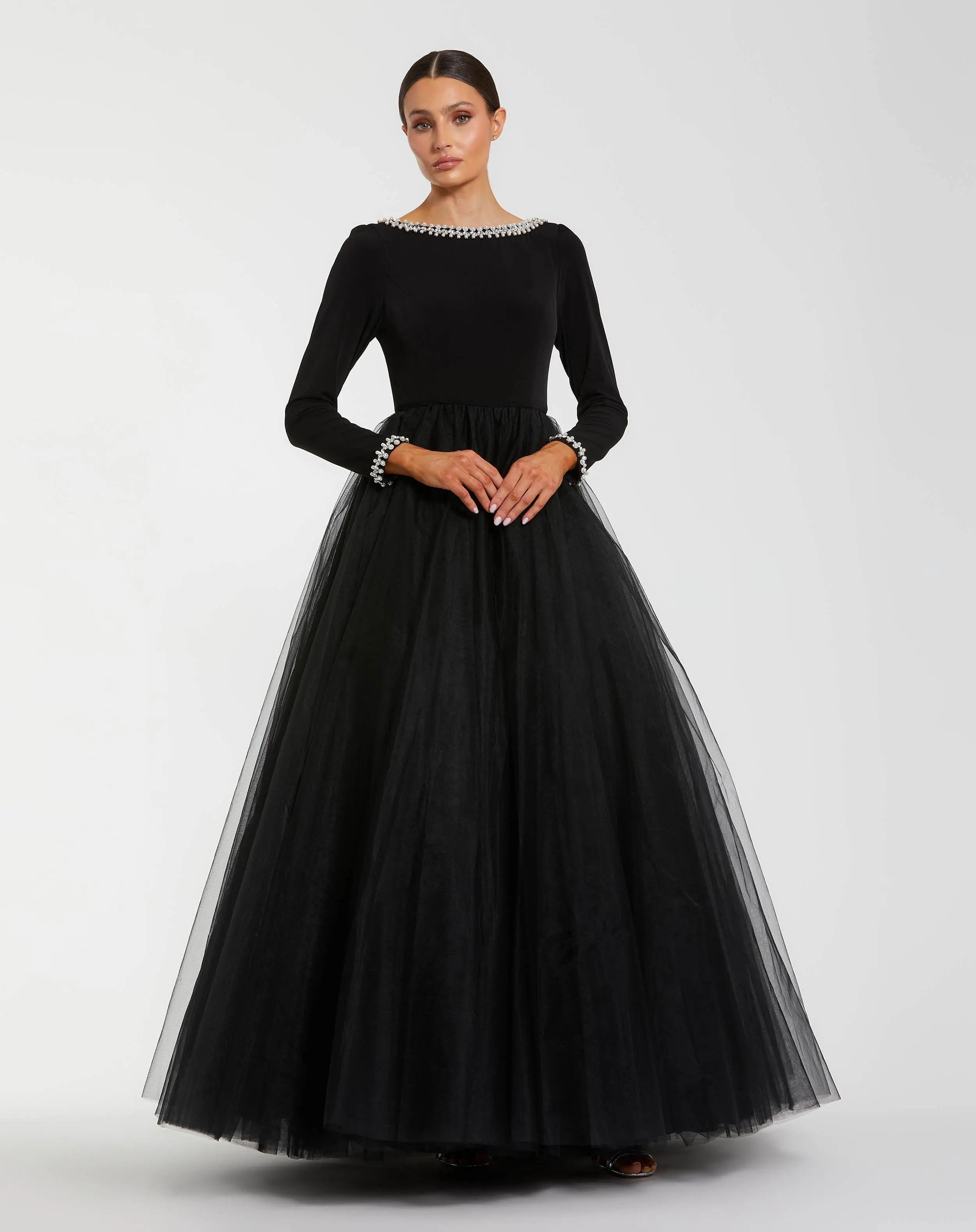 Black Embellished Jersey Long Sleeve Ball Gown With Tulle Skirt | Mac Duggal | Mac Duggal