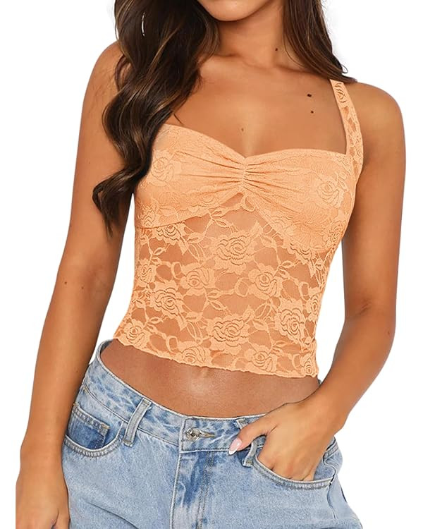 REORIA Lace Tops for Women Halter Sexy Going Out Tank Crop Y2K Fashion Top 2025 Trendy | Amazon (US)