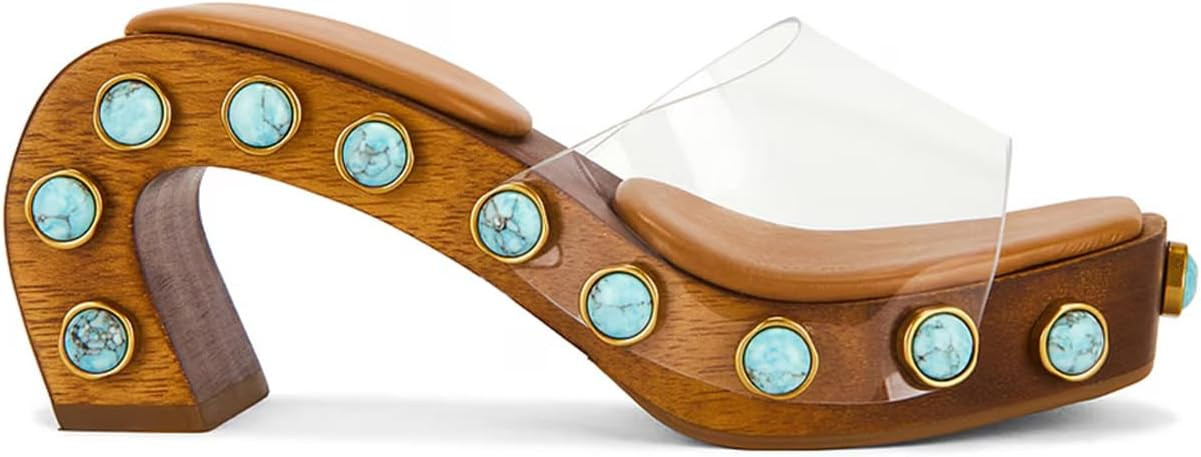 Platform Sandals for Women Clear Studded Sandals Square Toe Slip On Block Heeled Shoes | Amazon (US)