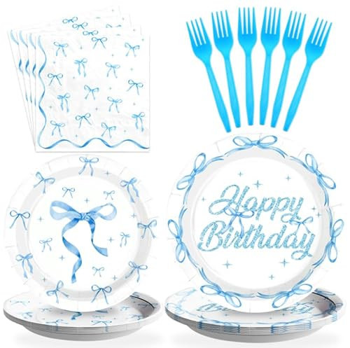 Grencian 96 Pcs Coquette Birthday Decorations Blue Bow Birthday Party Supplies Include Plates and Napkins Blue and White Paper Plates for Girls Women Happy Bir-thday Party Decor Serves 24 | Amazon (US)