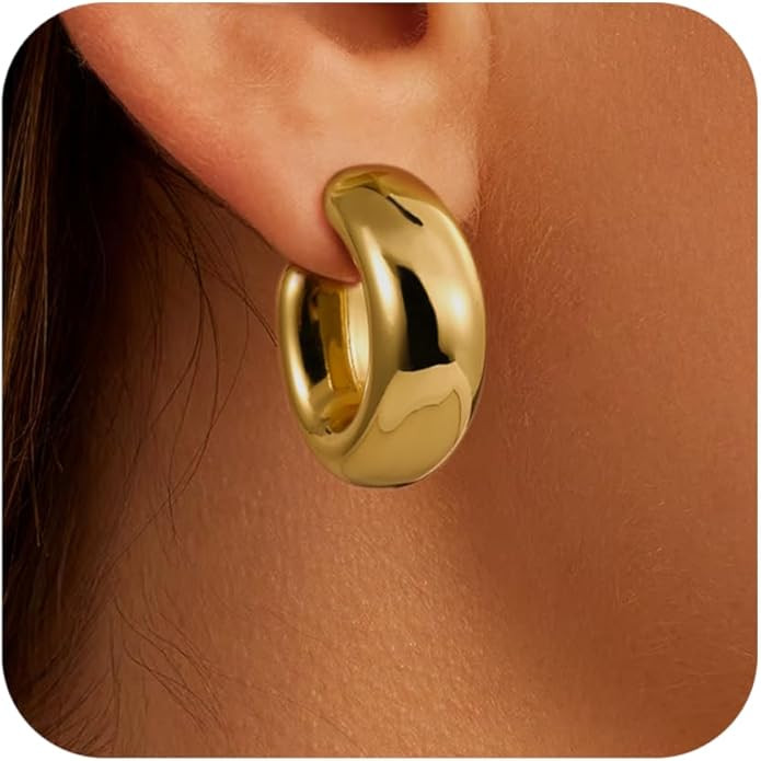 Thick Gold Chunky Hoops Earrings for Women 18K Real Gold Plated Open Hoop Lightweight Hollow Non-... | Amazon (US)