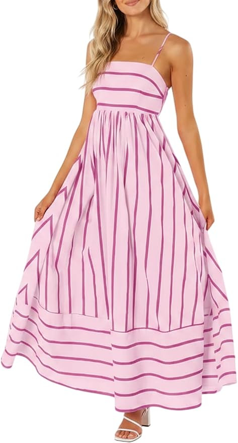 yoeasy Women's Striped Spaghetti Strap Cutout Maxi Dress Sleeveless Backless Flowy Swing Long Dre... | Amazon (US)