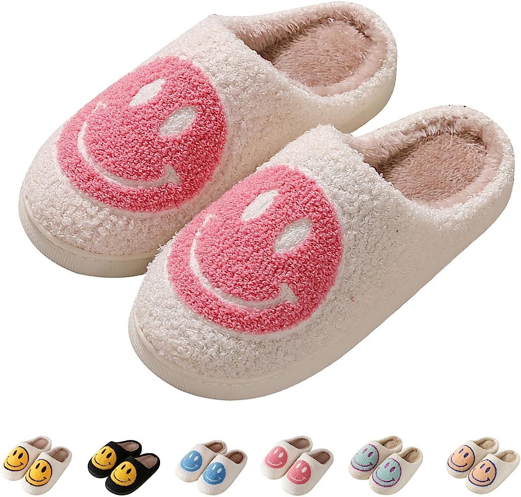 Smiley Face Slippers Retro Cozy Comfy Plush Warm Slip-On Slippers Winter Soft Fuzzy House Slippers F | Amazon (US)