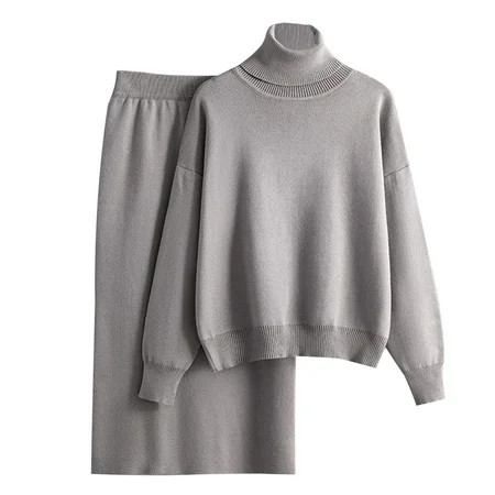 QUYUON Two Piece Skirt Set Women 2 Piece Outfits Winter Warm Turtleneck Long Sleeve Sweater Tops Sweatsuits Sets Casual Knitted Sweater Midi Skirts Sets Khaki One Size | Walmart (US)