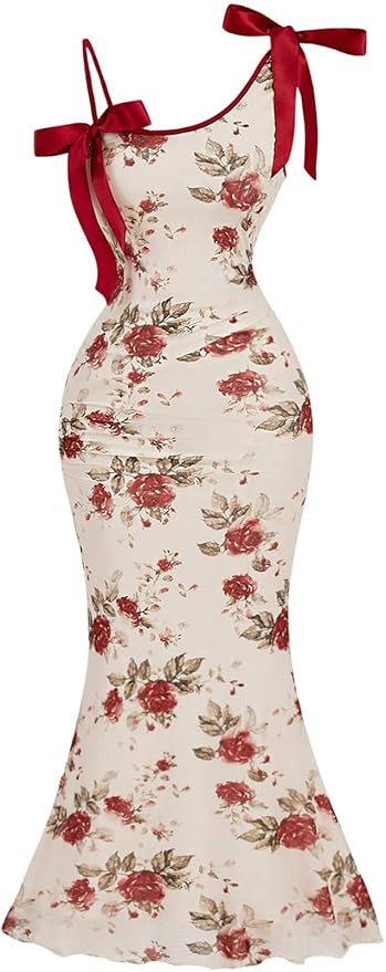 Verdusa Women's Floral Print Bowknot Bodycon Maxi Dress Sleeveless Asymmetric Strap Fishtail Dres... | Amazon (US)